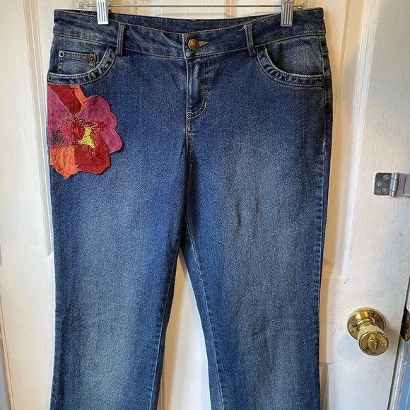 VTG FISHING JEANS Y2K MID RISE DARKBLUE Floral XL RAVE PUNKY FISH STRETCH POCKET - Picture 1 of 12